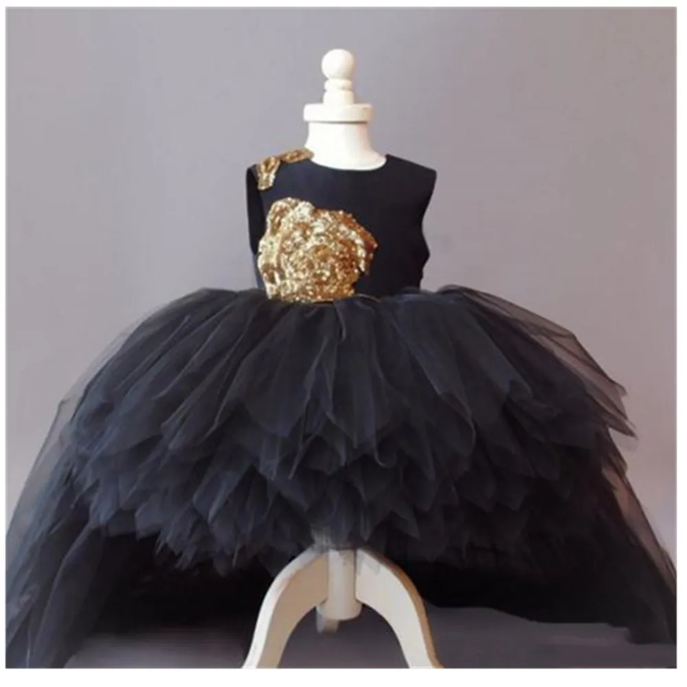 regular sleeves black gold flower Elegant Custom Mermaid Flower Girl Dress Sweep Train Princess Birthday Ball Gown