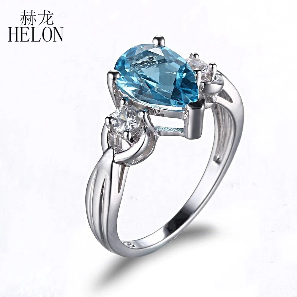 

HELON 10x7mm Pear Natural Blue Topaz & White Topaz Gemstone Ring Sterling Silver 925 Antique Women's Engagement Wedding Ring