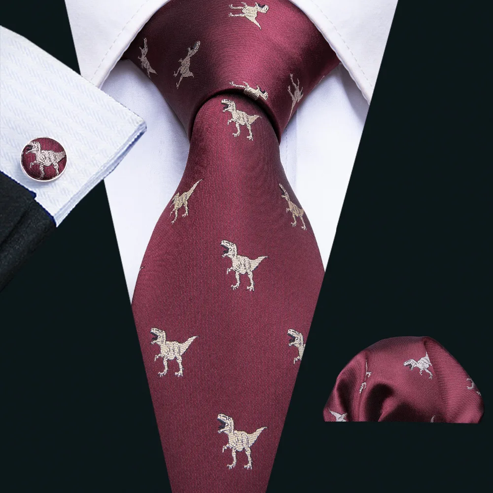 Men's Dinosaur Silk Tie Handkerchief and Cufflinks Set | Red