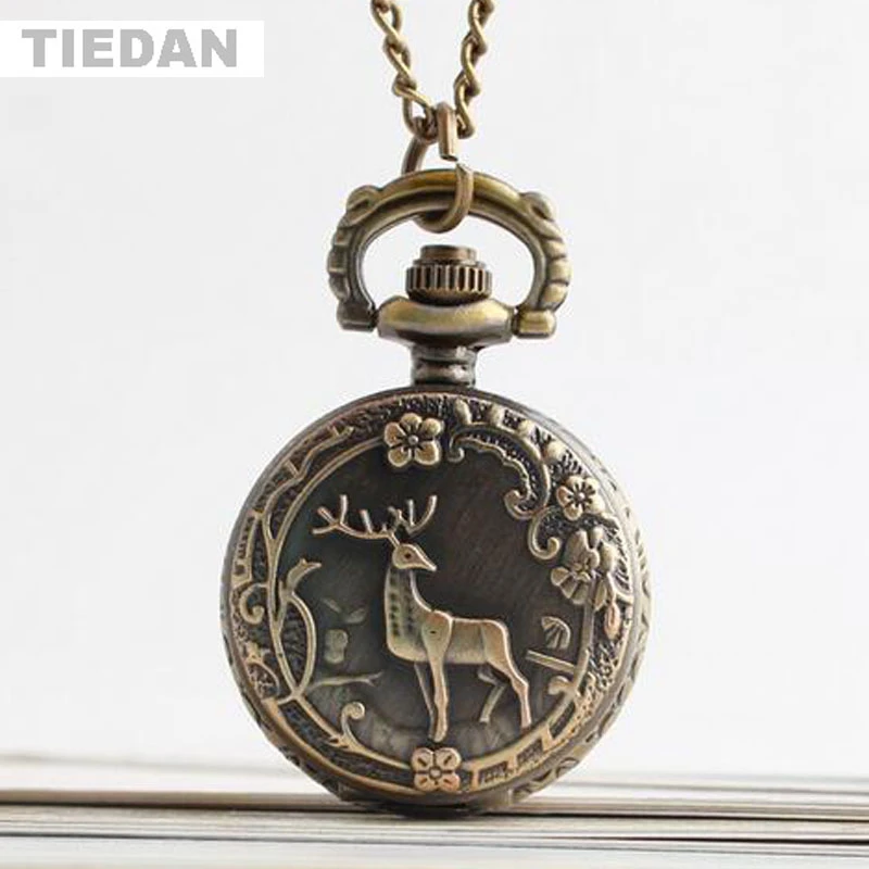 TIEDAN Mini Deer Elk Design Antique Pocket Watch Quartz Fob Pocket