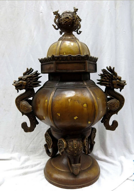 

25" China pure brass copper fine dragon elephant censer Incense Burner Statue
