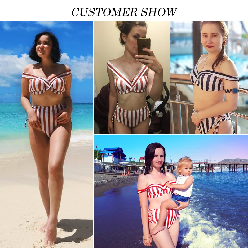 Traje de baño a rayas para mujer de cintura alta bikini set fuera del hombro traje de baño 2019 traje de baño Sexy de dos piezas arriba los bañistas
