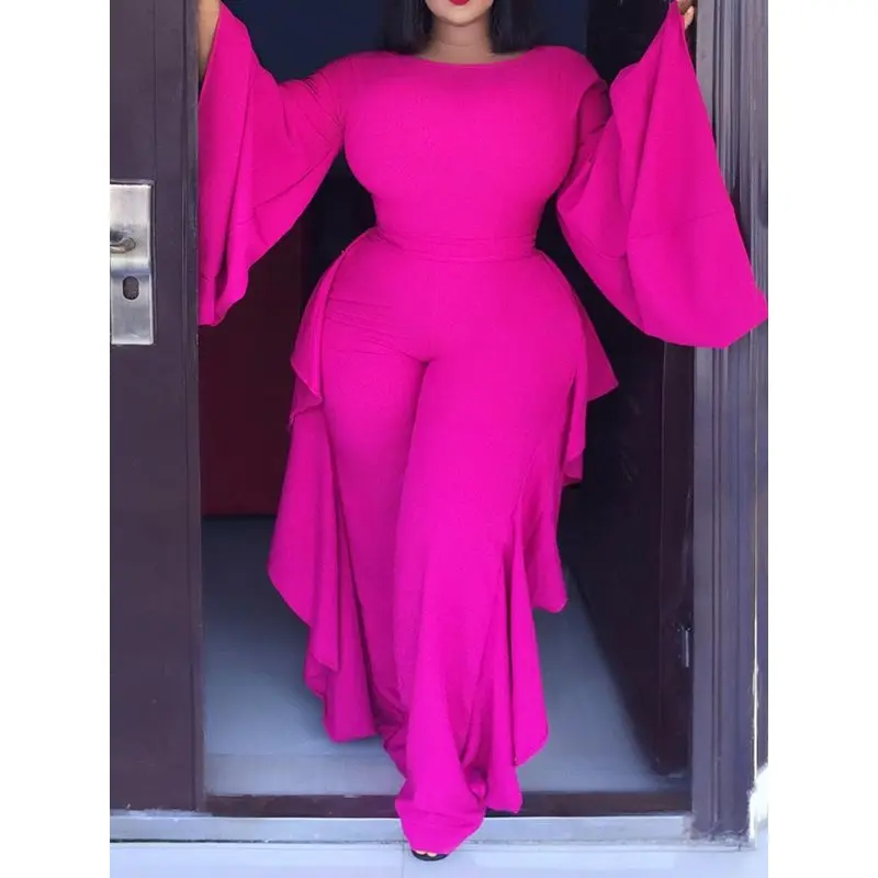 

2019 Plus Size Casual Jumpsuit Women Ruffle Sexy Fashion Elegant Flare Long Sleeve Spring High Waist Prom Rompers Long Jumpsuits