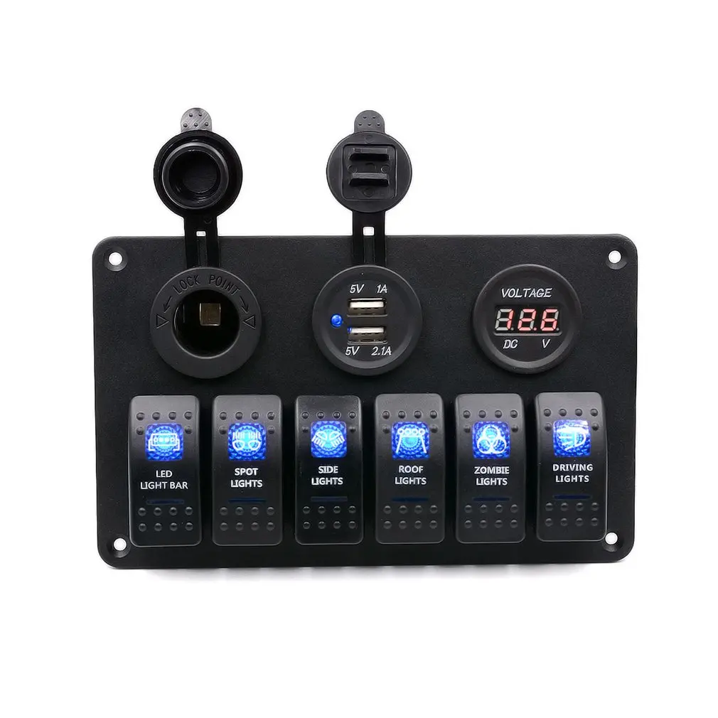 

6 Gang Multifunctional Rocker Switch Panel Dual USB Car Charger 12V Voltmeter Auto Boat Marine Cigarette Lighter