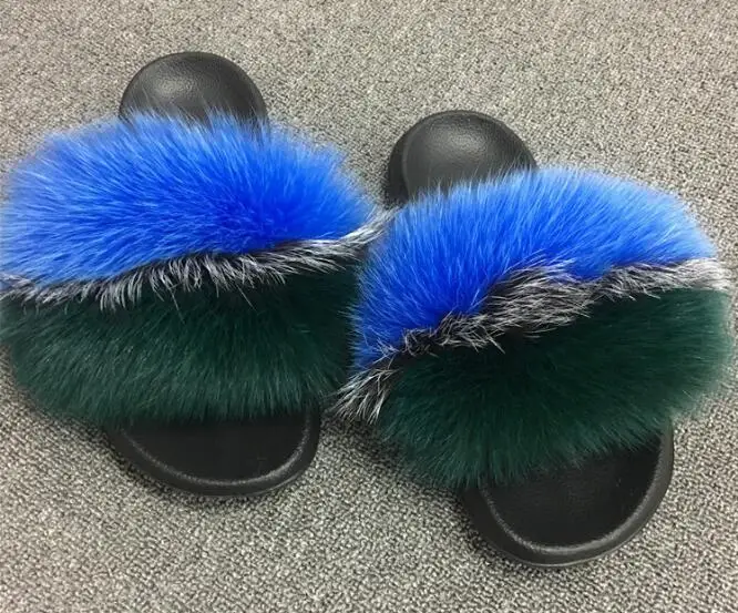 New Mixed Color Real Fox Fur Slippers Slides Casual Shoes Fluffy Slippers Flip Flops Furry Shoes Women - Цвет: see as pic