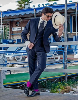 

Classic Men Suits costume homme Navy Blue Terno Slim Fit Groom Wedding Tuxedos Suits Business Men Suit (Jacket+Pants+Vest+Tie)