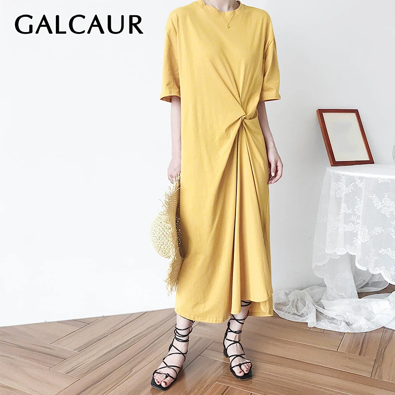 

GALCAUR Summer Casual Solid T-shirt Dress For Women O Neck Half Sleeve Ruched Large Size Long Dresses Female 2019 Fashion New
