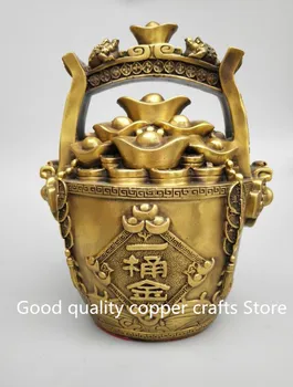 

China fine workmanship brass carving Bucket shape coin wealth statue