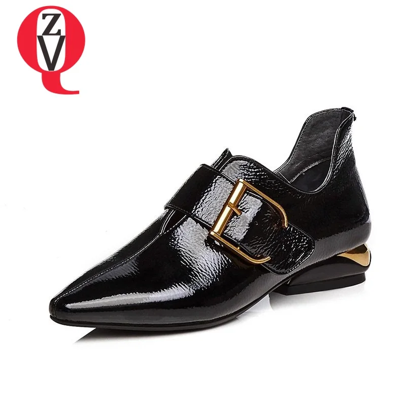 

ZVQ unique side zipper pointed toe hook loop metal decoration shoes comfortable spats buckle spring solid women casual pumps