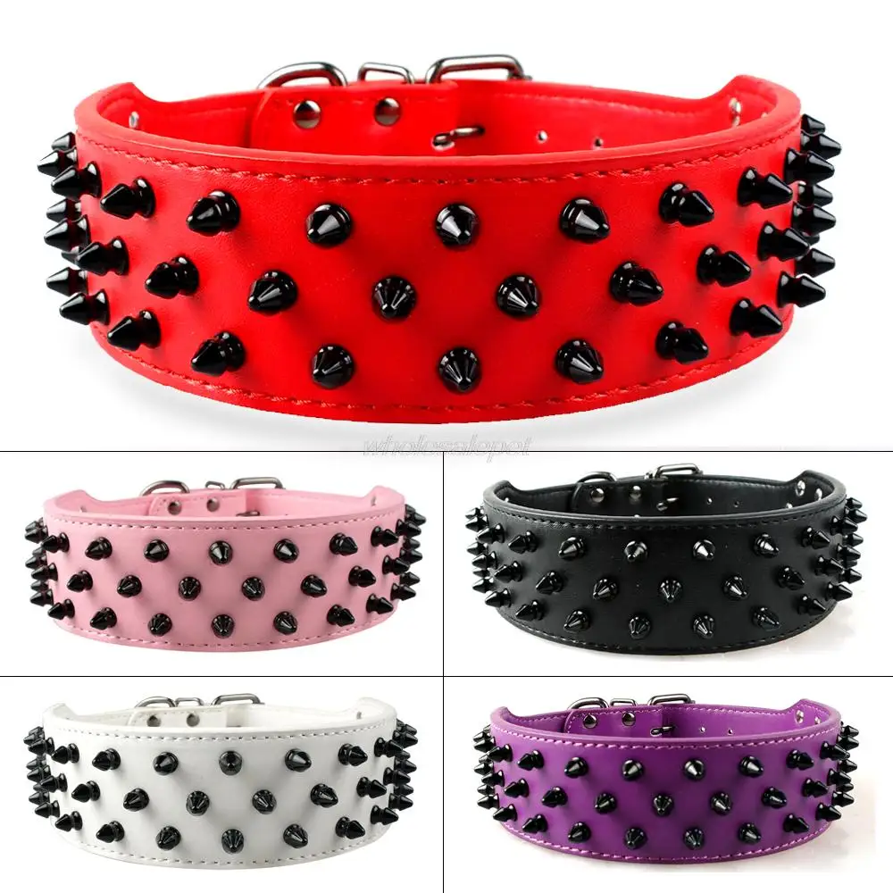 2 inch Wide Adjustable PU Leather Spiked Studded Dog Pet Collar For Pit ...