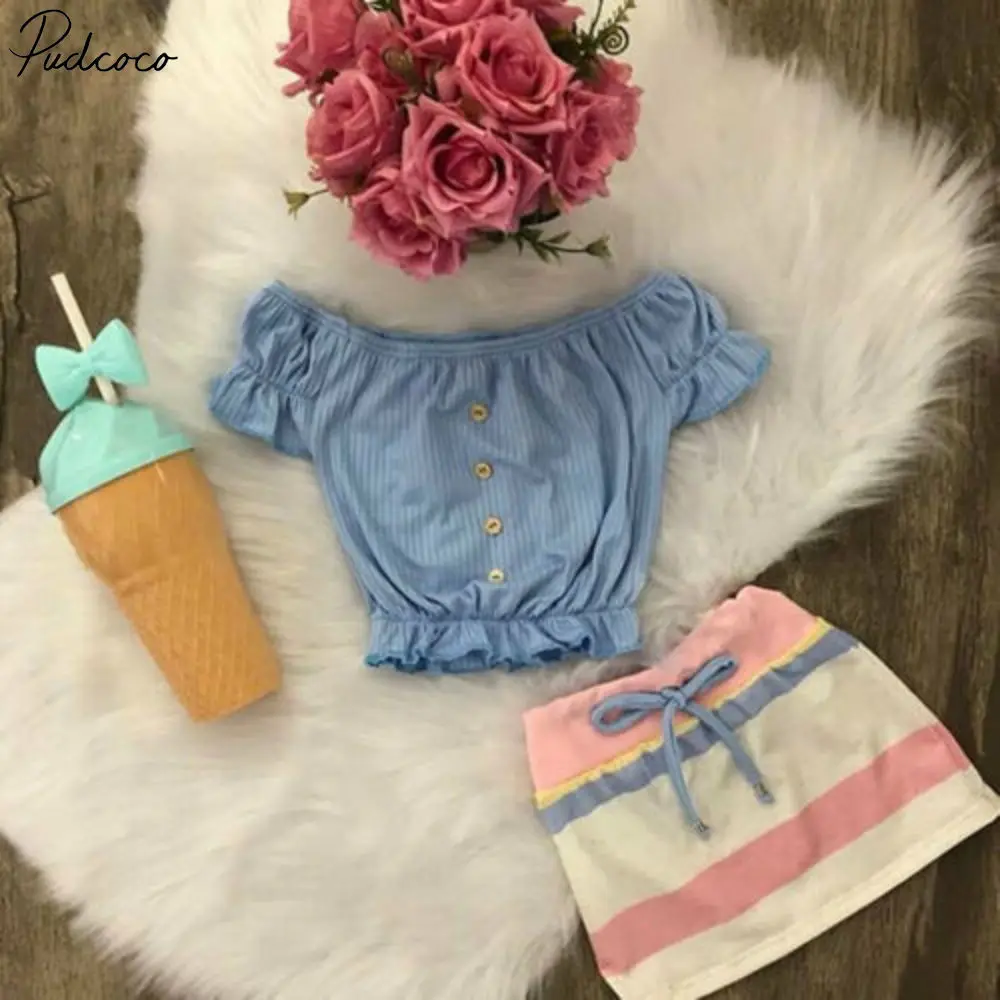 

Us Infant Kids Baby Girls Button Tops + Color Stripe Dress Skirt Outfits Clothes
