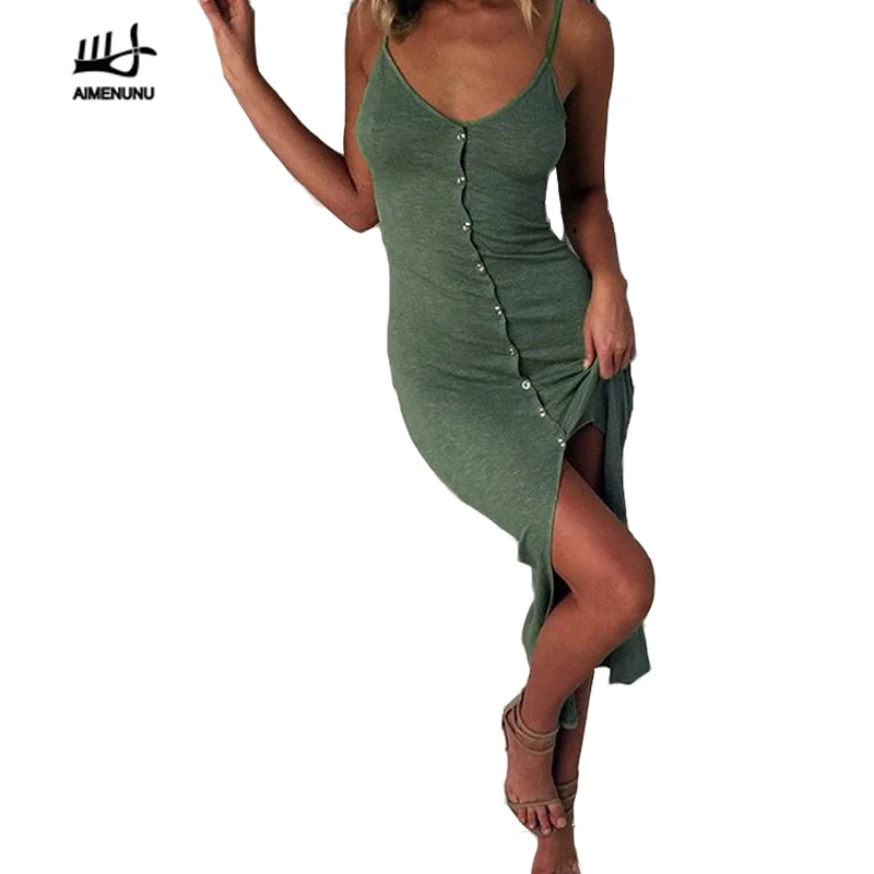 

AIMENUNU deep v neck summer dress women dress vestidos strap high waist irregular button bodycon dress female