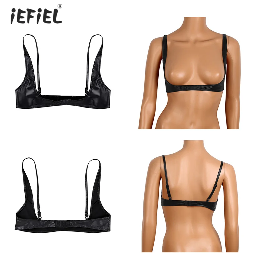 

Womens Sexy Lingerie Faux Leather Bras Nightclub Wear Adjustable Wire-free Shelf Open Cup Bra Exposed Breasts Nipples Erotic Bra