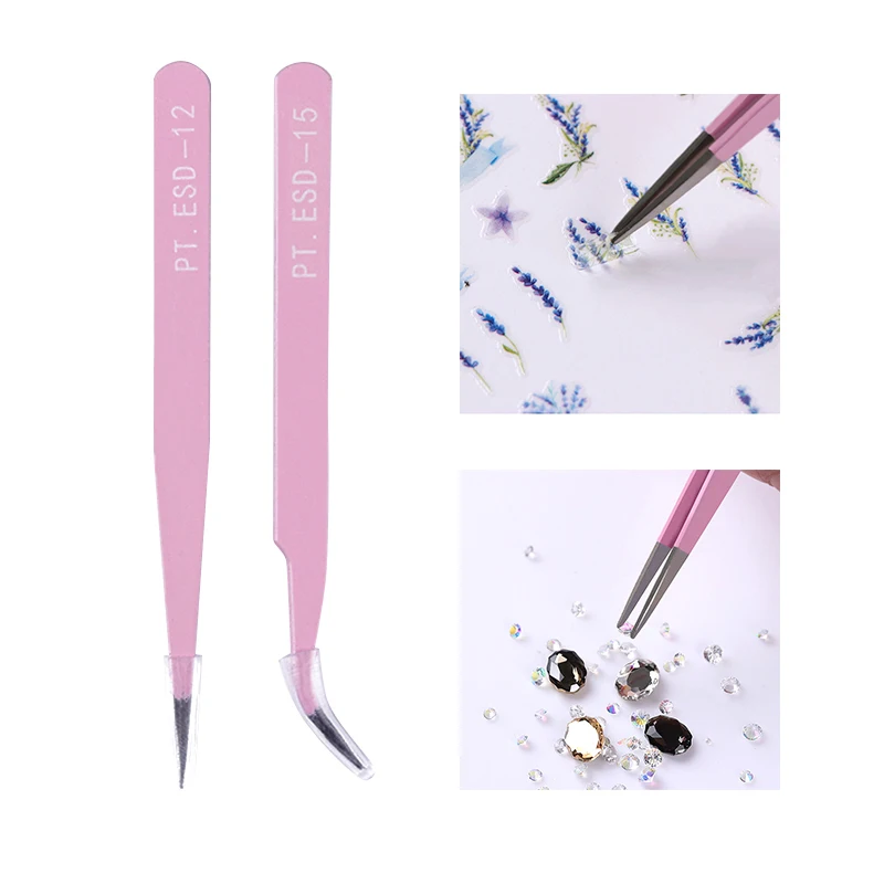 

2Pcs Stainless Steel Tweezers Straight Curved 3D Rhinestone Sticker Eyelash Extension Picker Pink Nail Art Tool Manicure Kit