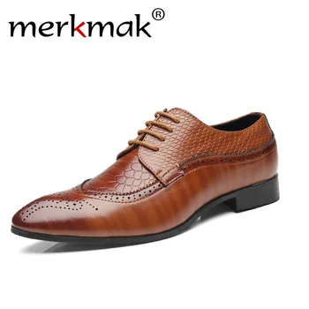 

Merkmak 2018 New Men Leather Shoes Man Dress Business Pointed Toe Shoes Vintage Retro Shoes For Male Lace Up Brogue Flats