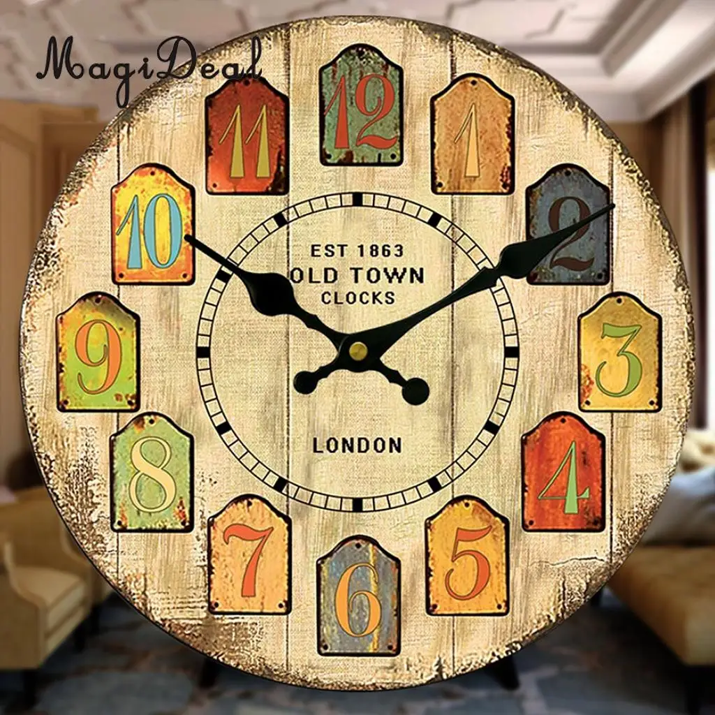 MagiDeal Vintage Round Wall Clock Home Wooden Retro Decor EST 1863 Old Town 12-hour Display for Home Office Coffee Shop 30cm