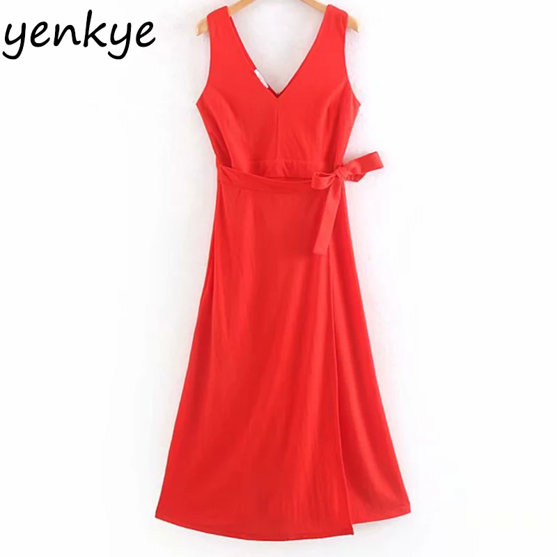 

Sleeveless Summer Dress Elegant Women V Neck With Belt A-line Red Party Long Maxi Dress Summer 2019 robe longue XNWM8915