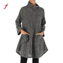 Feitong высокое качество футболка женская плюс размер водолазка нерегулярная рубашка с длинным рукавом карман женская одежда футболка Топы