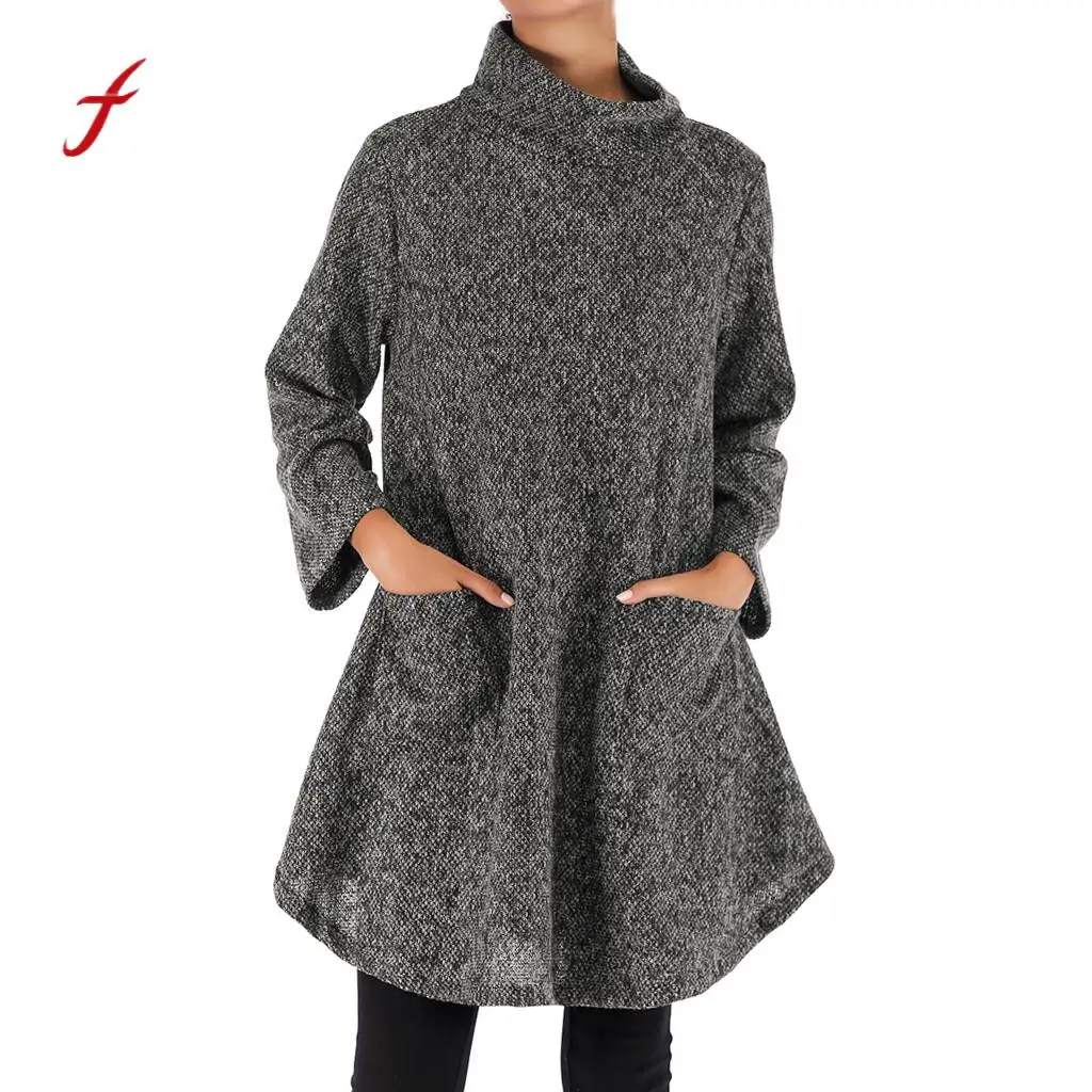 feitong High Quality T Shirt Women's Plus Size Turtleneck Irregular Long Sleeve Shirt Pocket Women's Clothing T-shirt Tops
