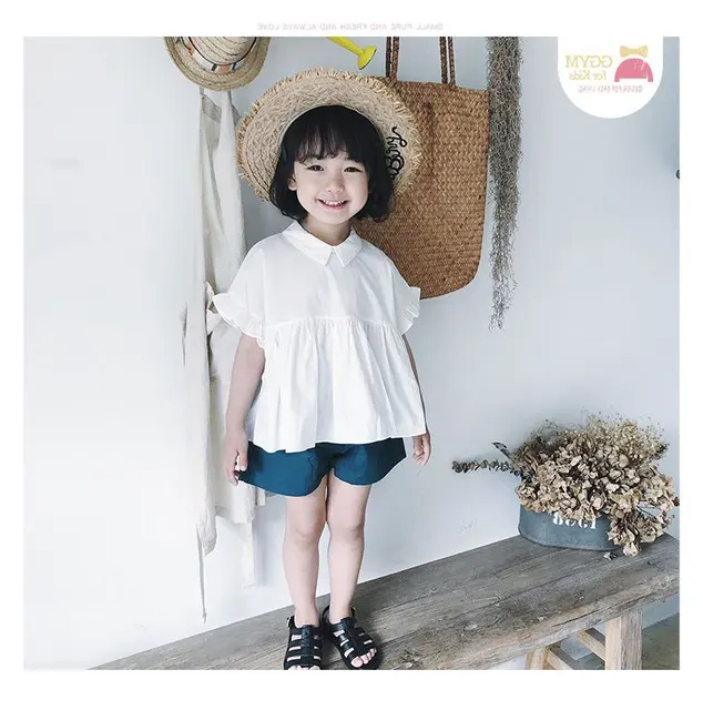 Korean style girls cute clothes set white loose Blouse + shorts 2pcs ...