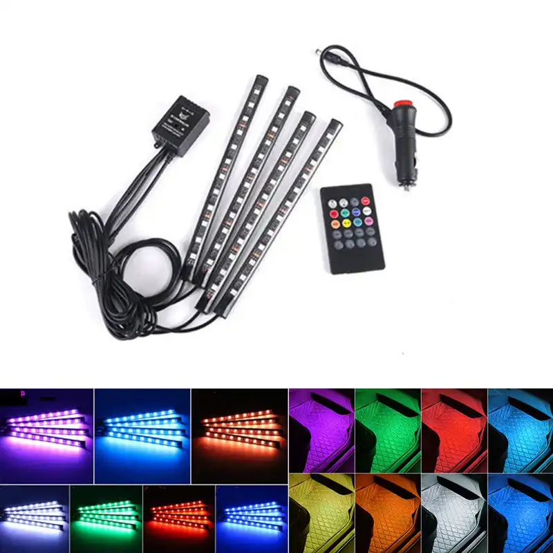 12V 4x 12SMD Car Interior RGB LED Strip Lights Foot Atmosphere Light Remote Control,Car Foot Light Car Interior Lighting Green