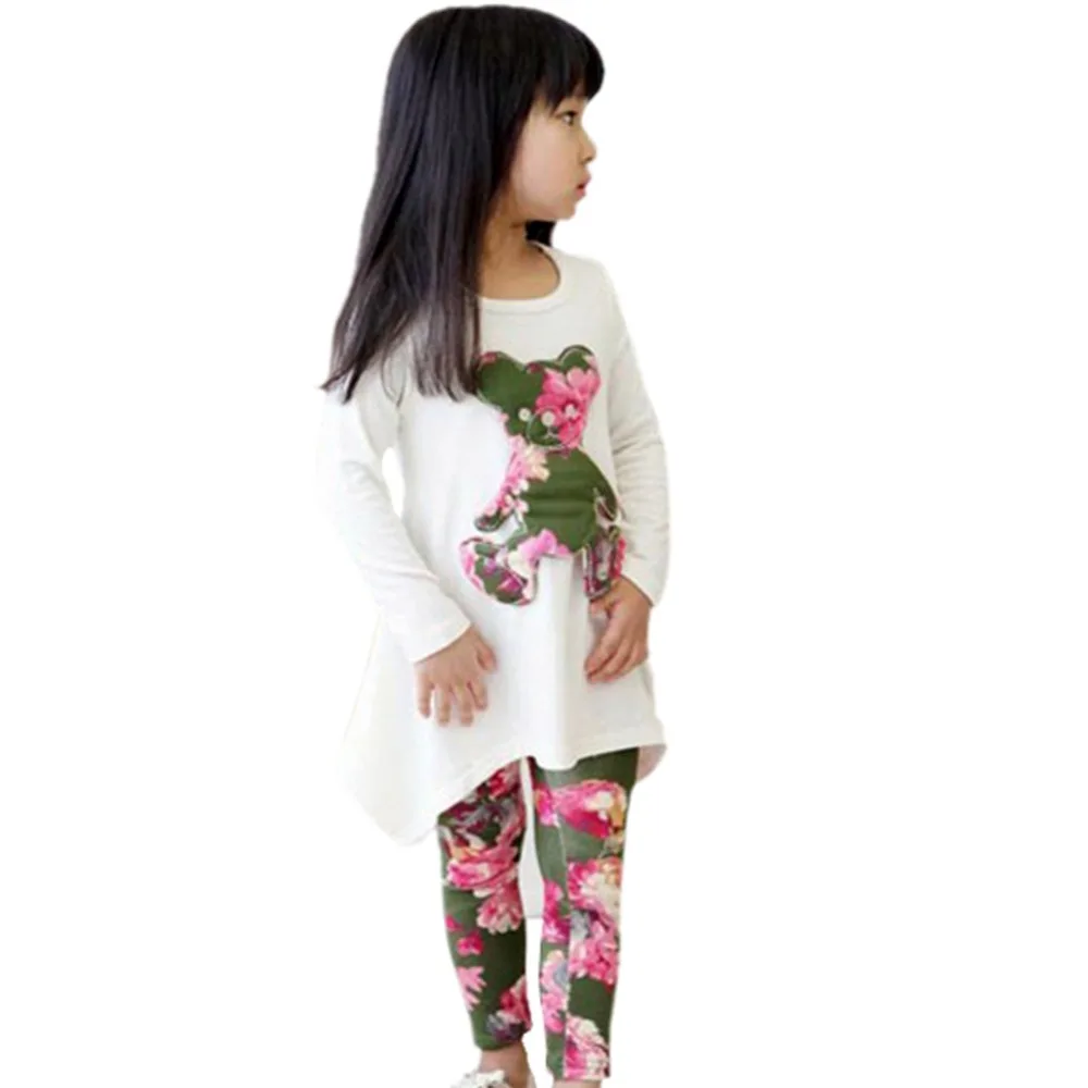 

Autumn Baby Kids Girls Long Sleeve Irregular Hem Bear T Shirt+Flower Pants Outfits 2-7Y
