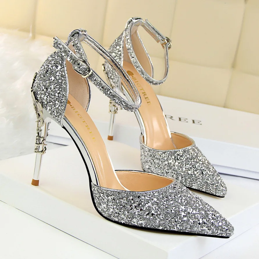 Модные и пикантные открытые туфли на высоком металлическом каблуке для ночного клуба; блестящие босоножки на высоком каблуке; женская свадебная обувь - Цвет: Silver
