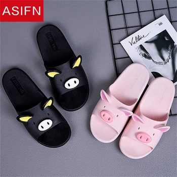 

ASIFN Cute Pig Slippers Summer Men Slides Women Slippers Couple Lover Casual Bathroom Home Indoor Non-slip Female Solid 7 Colors