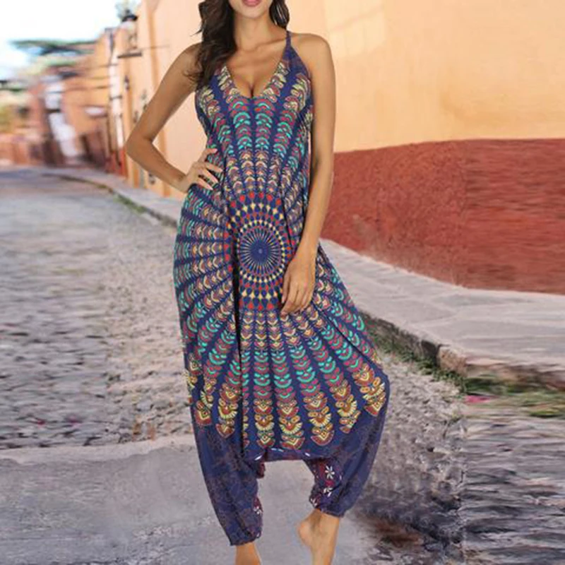 

Summer Bohemian Jumpsuits Sexy Halter Sling Print Bib Pants Irregular Loose Wide Leg Overalls V Neck Women Jumpsuits