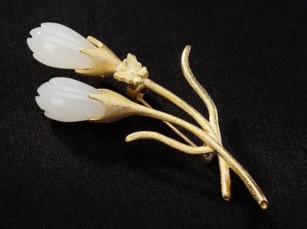 

S925 925 silver gilding brooch Magnolia vintage natural stone brooches 65*26MM