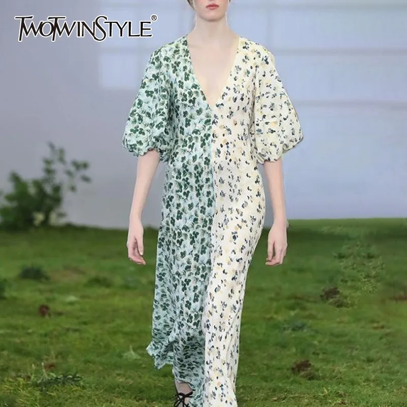 

TWOTWINSTYLE Summer Print Women Dress V Neck Half Sleeve High Waist Hit Color Slim Ankle Length Dresses Female Fashion 2019