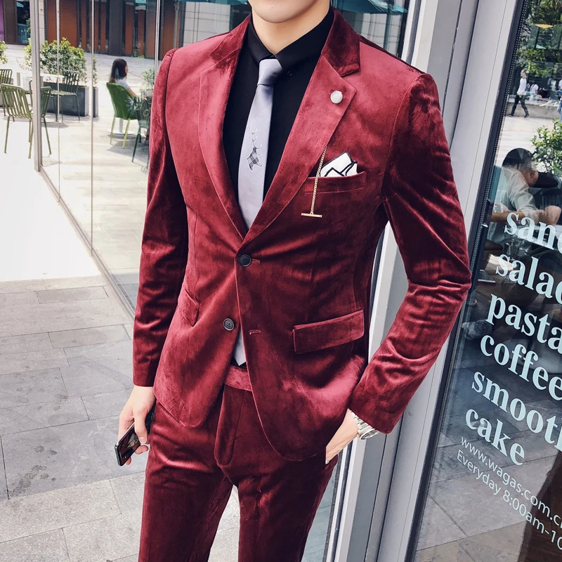 Пиджак+ брюки) роскошный бархатный костюм мужской костюм Mariage Homme деловой костюм-смокинг для жениха блейзер и Apnt цвет красного вина серый