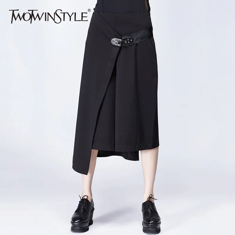 Beste TWOTWINSTYLE Patchwork Broek Voor Vrouwen Hoge Taille Rits Onregelmatige Kalf Lengte Breed Been Broek Vrouwelijke 2018 Lente Mode Nieuwe