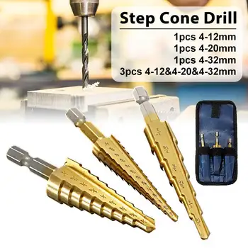 

3pcs HSS Steel Step HSS Spiral Grooved Cone Drill Titanium Bit Set Hole Cutter 1/4" in Pouch Bag