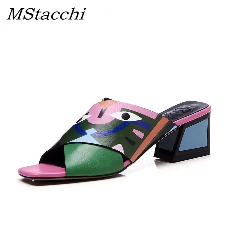 

MStacchi New Women High Heels Slippes Fashion Prints Party Wedding Shoes Woman Comfort Quality Real Leather Summer Sandals Pumps