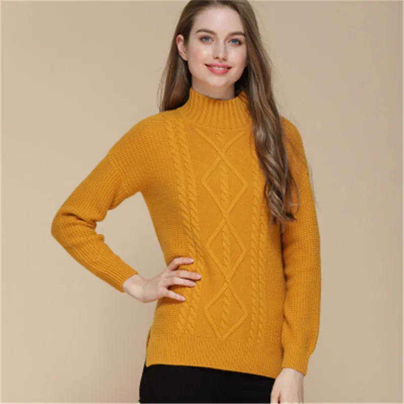  100%goat cashmere argyle knit women add thick pullover sweater stand collar open hem H-loose 3color