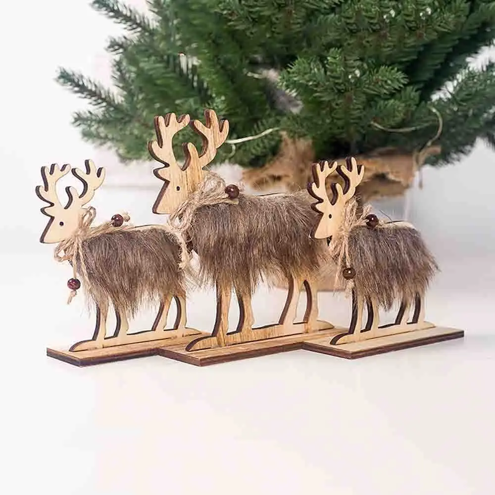 

Christmas Decorations For Home Wooden Table Decoration Reindeer Shape with Sequins and bowknot natural color Winter