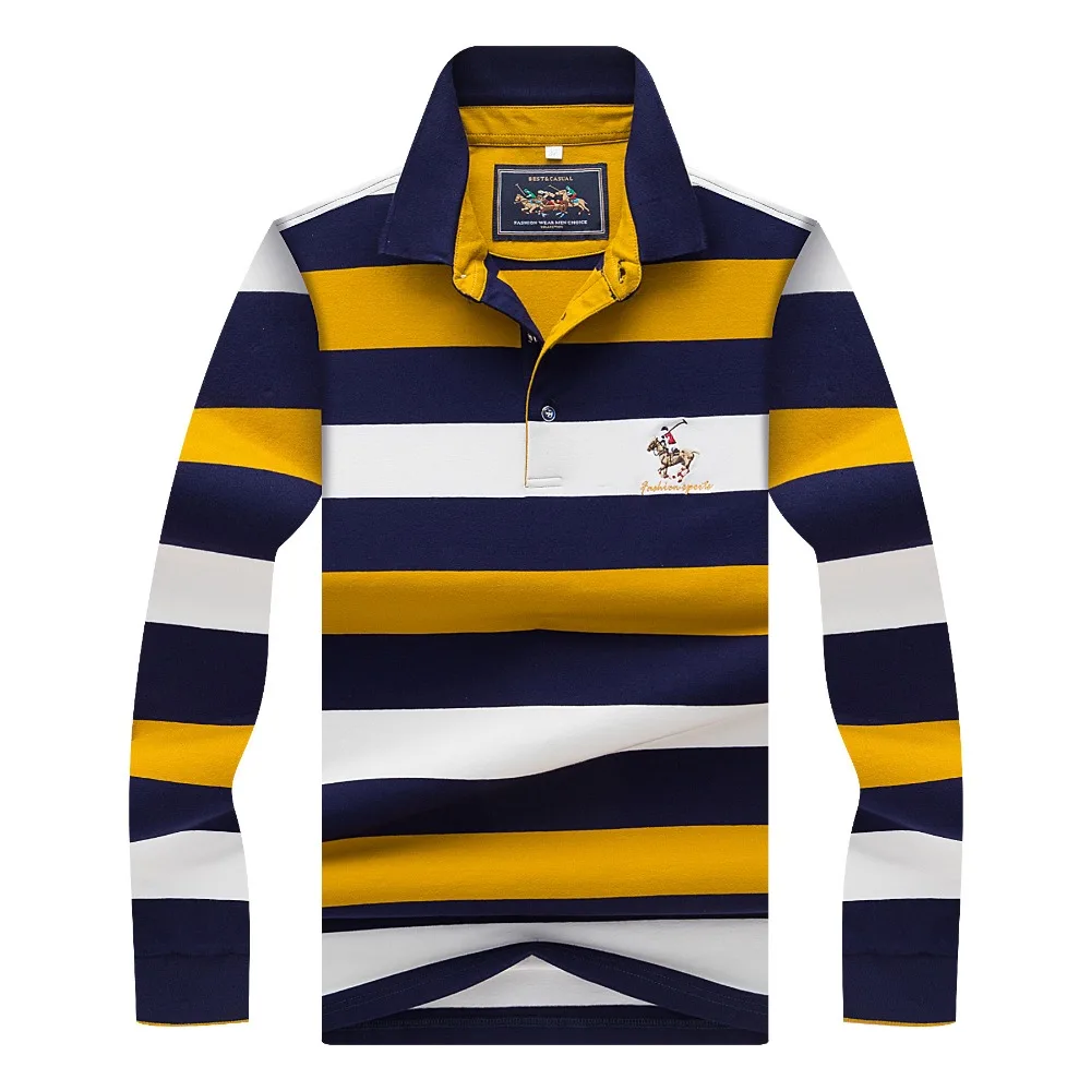 

Hollirtiger 2019 Autumn Spring Mens POLO Shirt Male Turn-down Collar Cotton Polo Shirt Men Long Sleeve Stripes Embroidered Tees