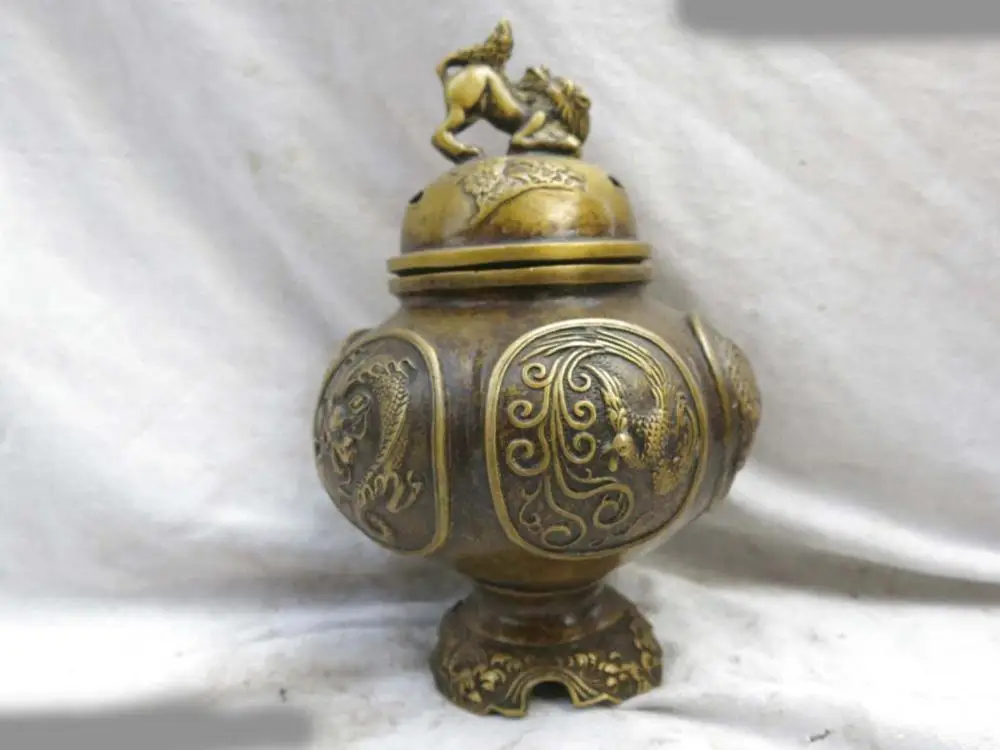 

Fine brass censer China carved dragon phoenix foo dog lion incense burner Statue