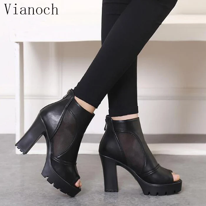 2018 Fashion New Womens Platform Pumps Summer High Heels Peep Toe Thick Heels Shoes Black Lady aa0859