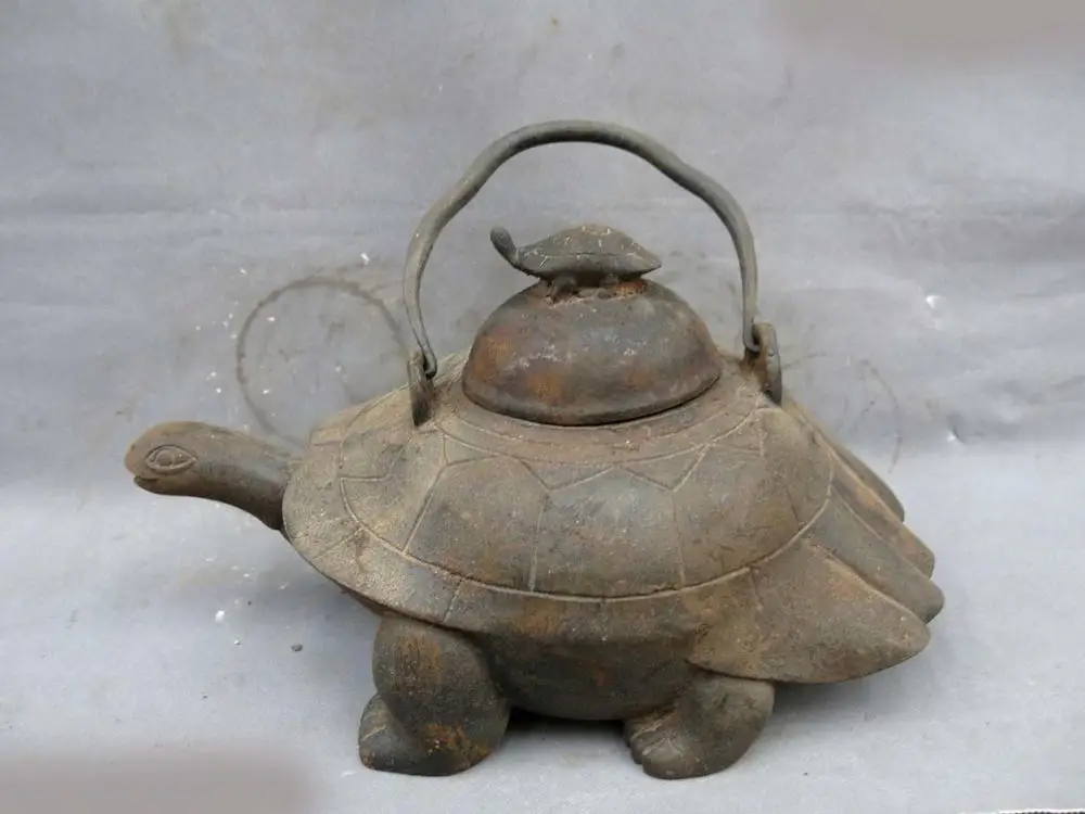 

7" China old Iron carved lucky two longevity turtle teapot sculpture Statue