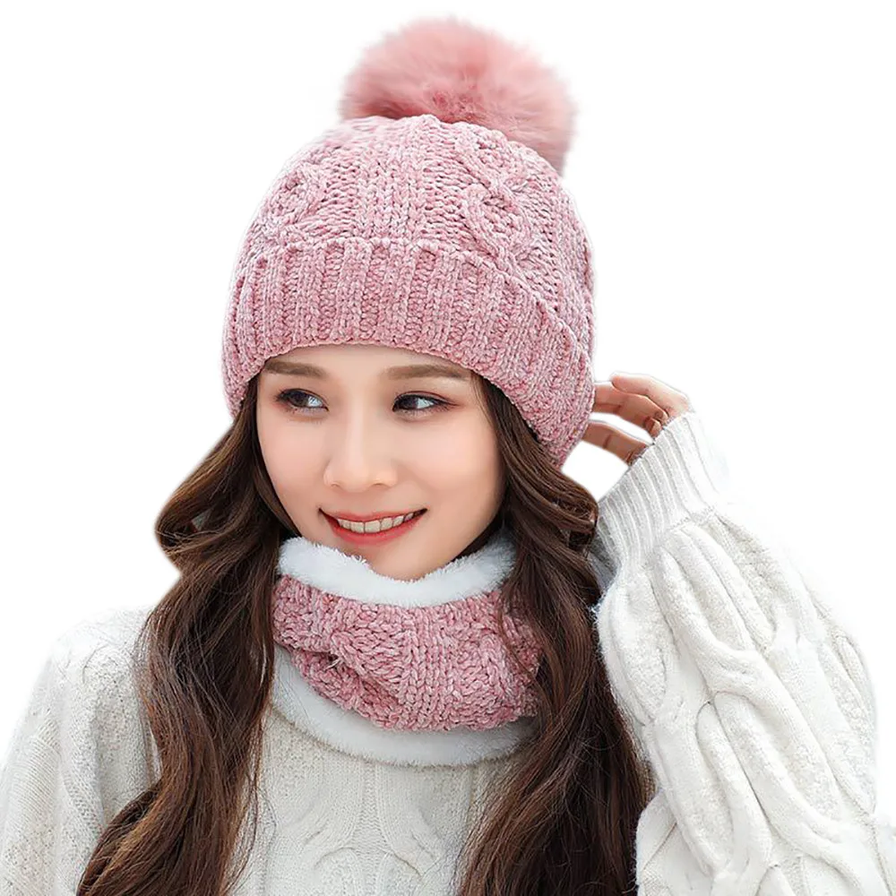 2 шт. для женщин зимние теплые трикотажные Venonat шапочка+ шарф утепленная одежда комплект капот femme hiver czapka zimowa шапки женщина - Цвет: Pink