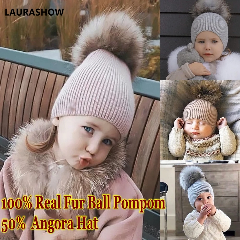 Online Gorra de lana para dormir con pompones de pelo auténtico de 15 16cm para Otoño Invierno 2019