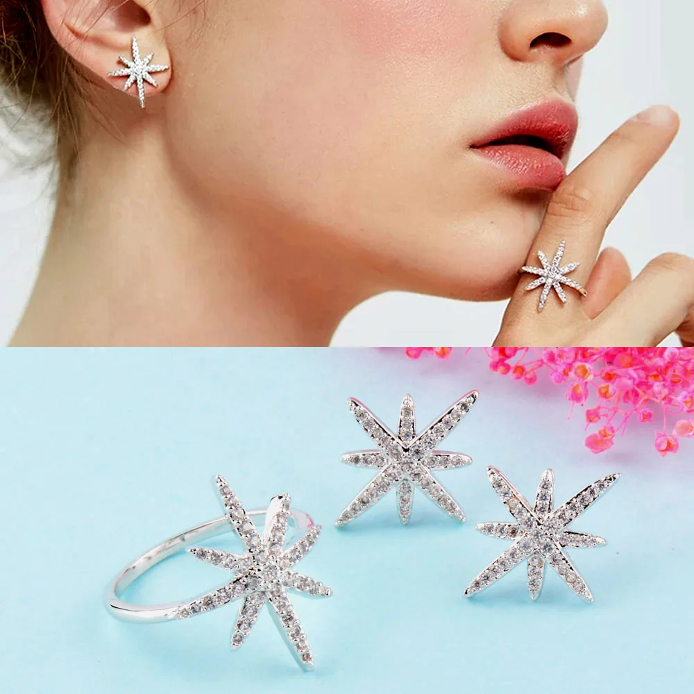 SINLEERY Glaring Звезда Дизайн Свадебные Ювелирные наборы элегантные женские модные серебряные серьги и кольца наборы TZ053 SSP