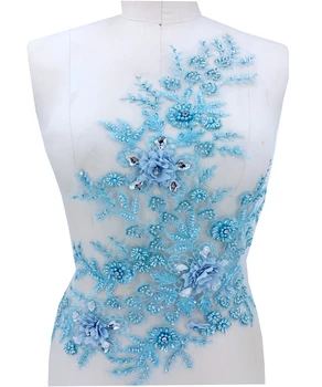 

sew on rhinestones beads light blue lace applique triming patches 50*34cm for evening dress DIY accessories