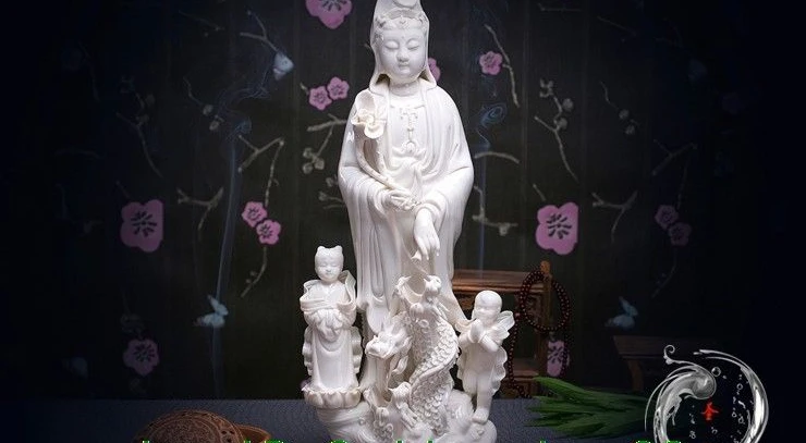 

14" Chinese Dehua White Porcelain Kwan-yin Guanyin Lotus Tongzi Dragon Statue