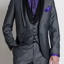 Новое прибытие одна кнопка Серый Жених Смокинги друзей жениха Мужские свадебные костюмы выпускного вечера на заказ(куртка+ брюки+ жилет+ галстук) K: 405