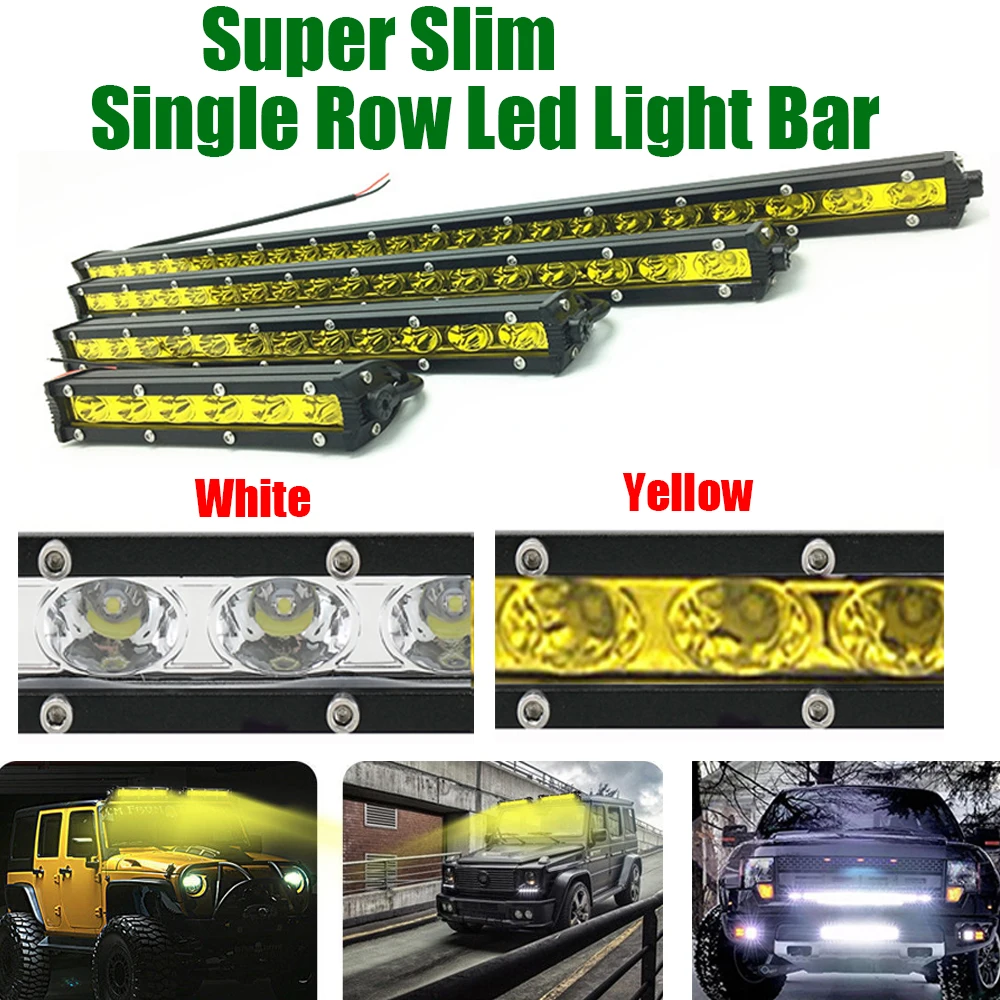 

Slim White/Yellow Led Light Bar 7" 13" 20" 25" 32" 38" 45" 50" inch Single Row Offroad Work Driving Spot Flood Combo for ATV SUV