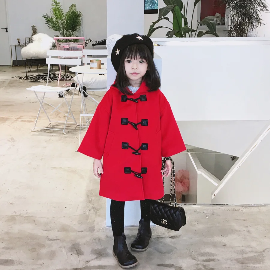 

Toddler girl wool jacket solid red Horns button kids winter coat woolen coats