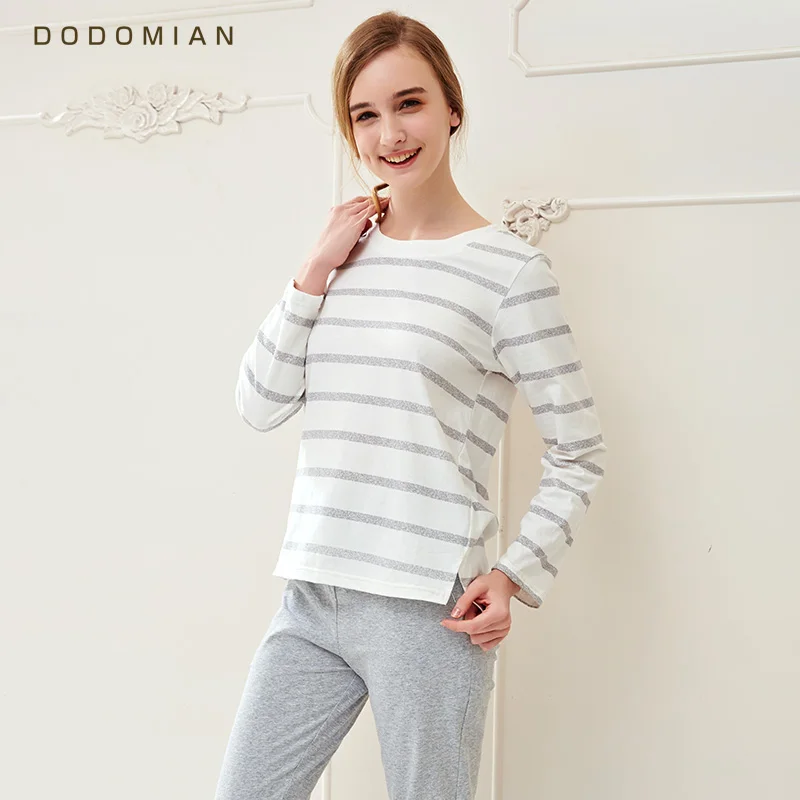 

Brand Pajamas Cotton Stripes Sleepwear Casual Long Sleeve Nightgown O-neck Women Pajama Set Bottom Shirts +Long Pants M-XXL